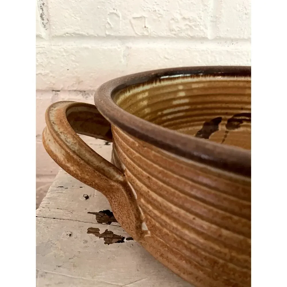 Vintage Studio Pottery Handled Stoneware Serving Bowl Brown Floral Glaze 11.5